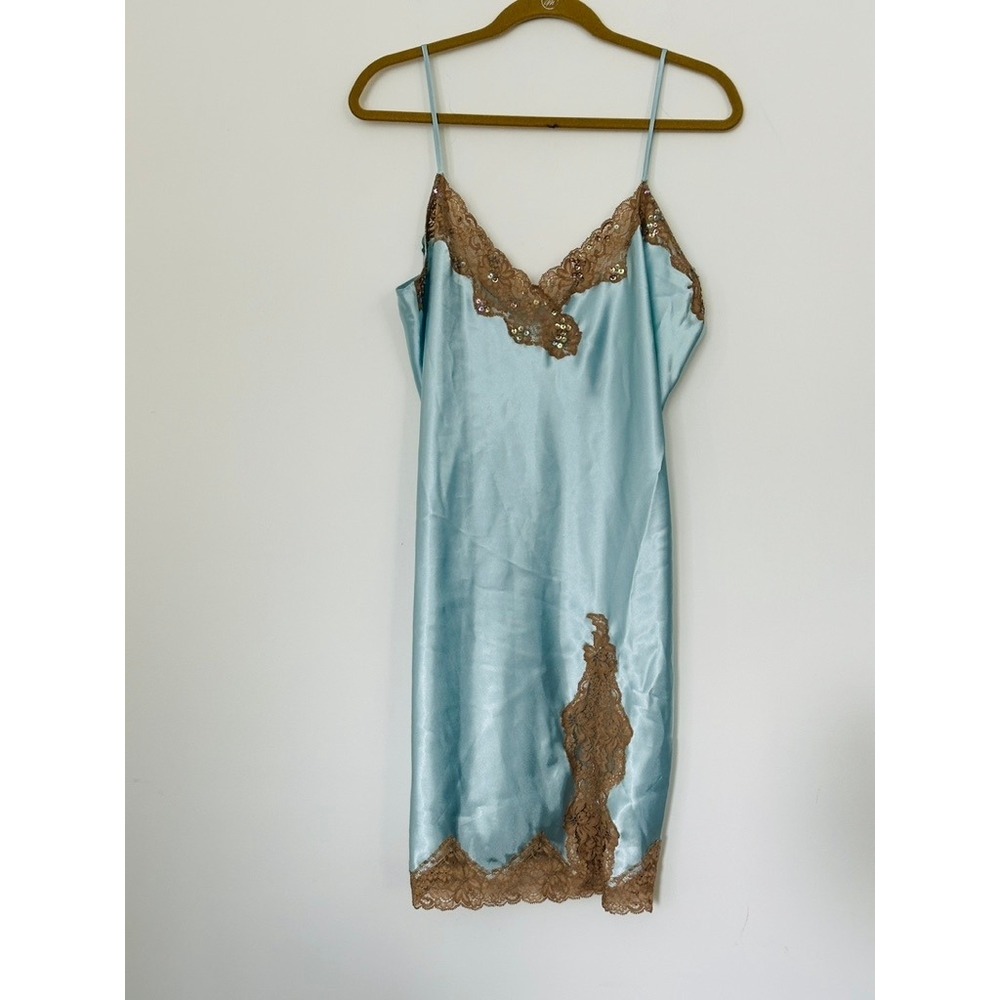 Y2K Powder Blue Mini Slip Dress XL Satin Lace Trim Sequin Coquette Romantic